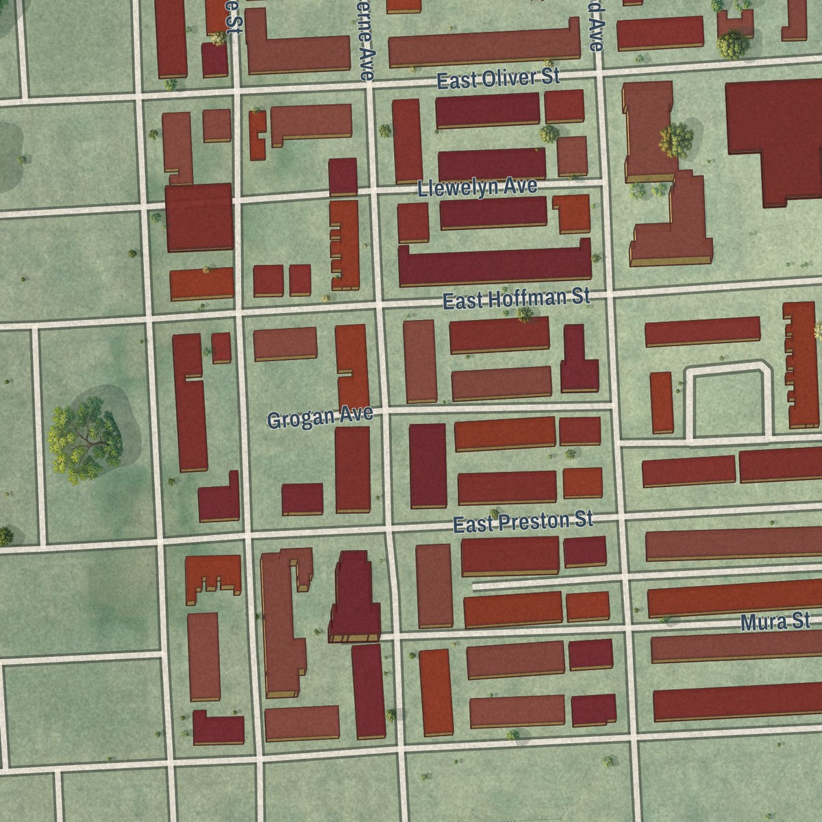 Second close-up of the map of Berea, Maryland print showing more streets and buildings