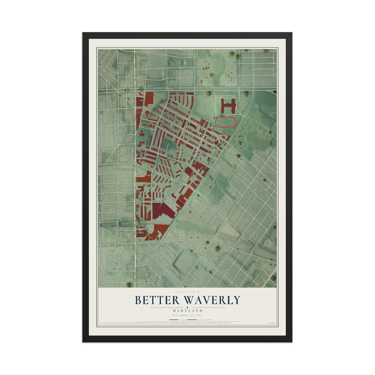 Map of Better Waverly, Maryland, 12 x 18 inch print in a black wood frame