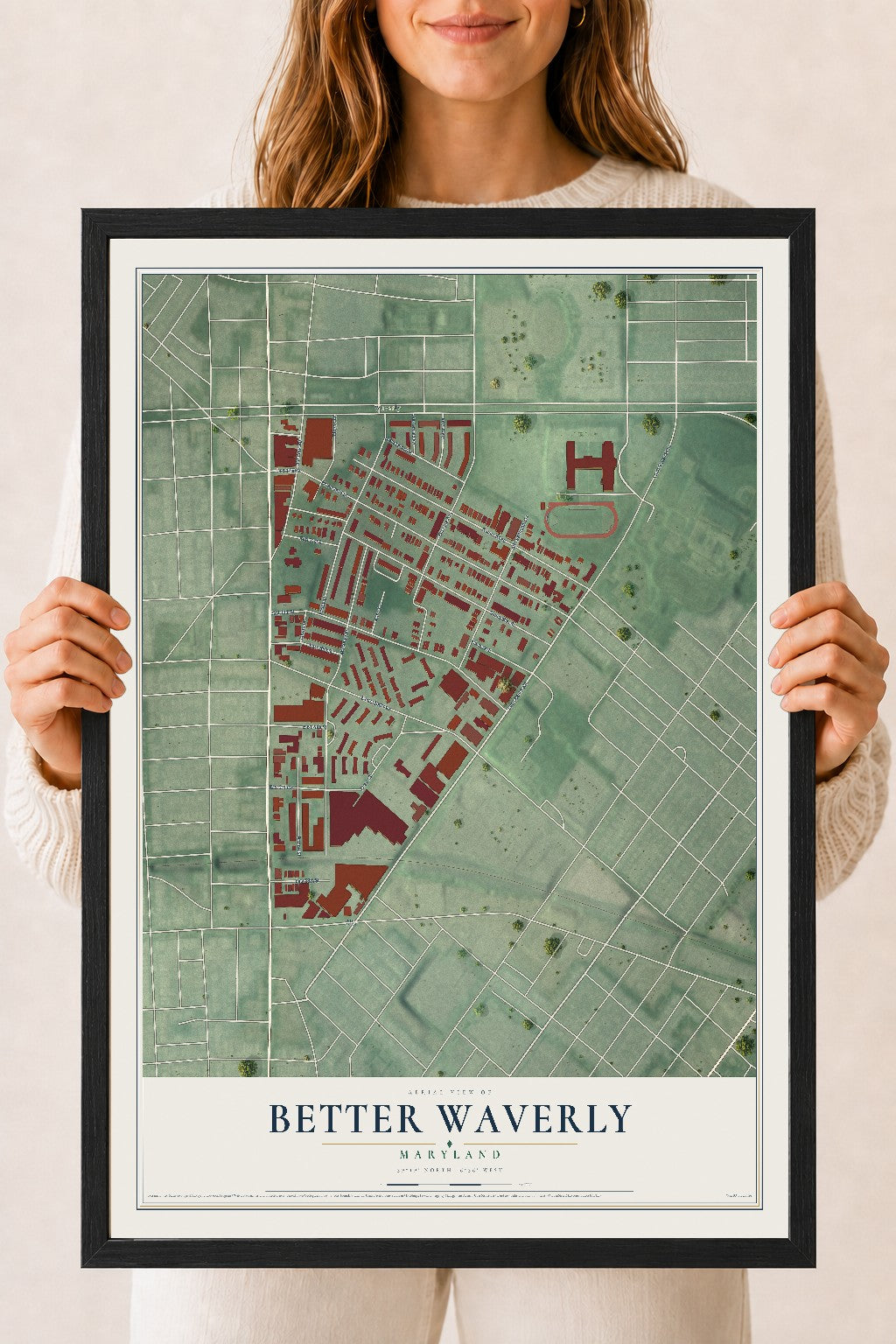 Map of Better Waverly, Maryland, 18 x 24 inch print in a black wood frame
