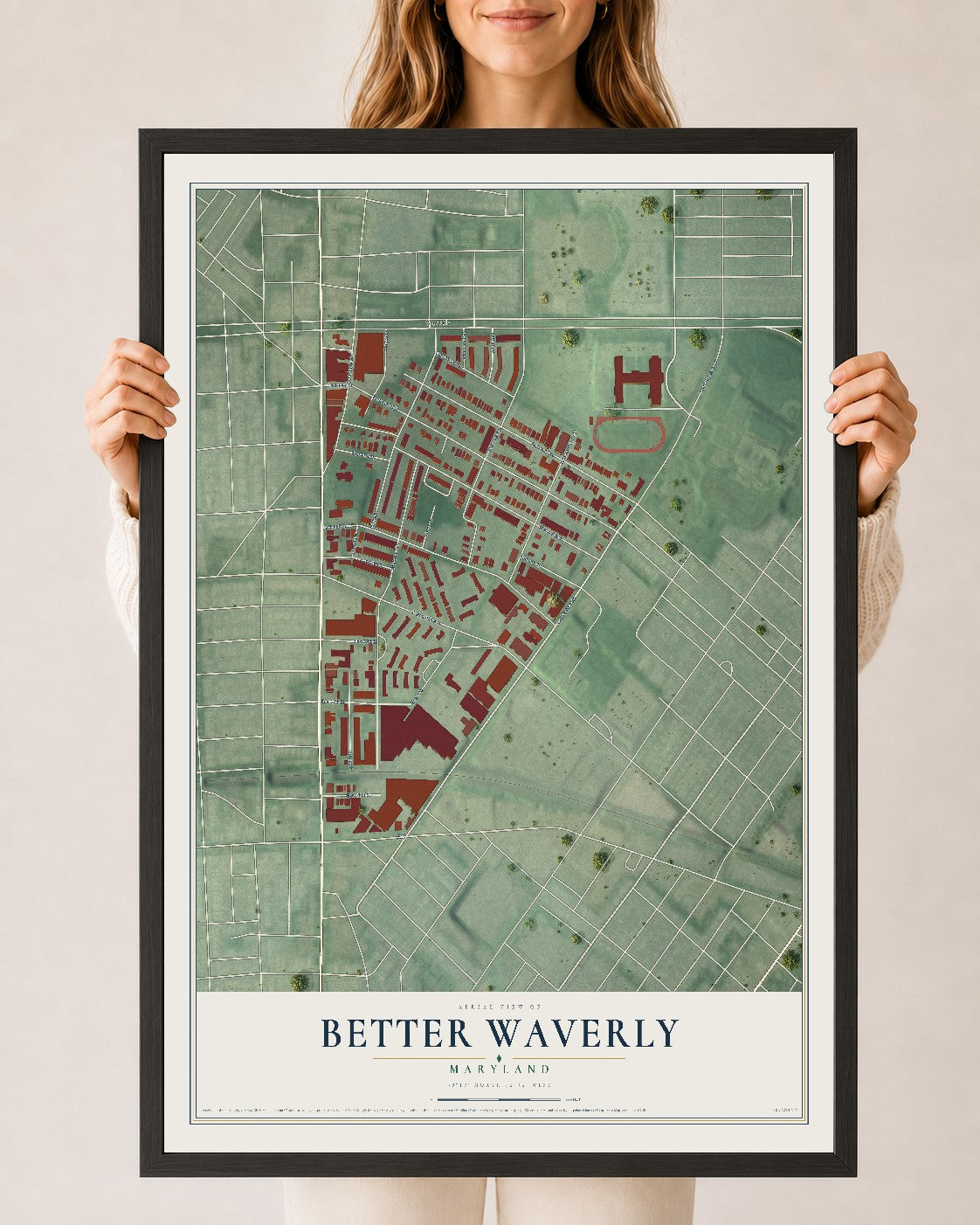 Map of Better Waverly, Maryland, 24 x 36 inch print in a black wood frame