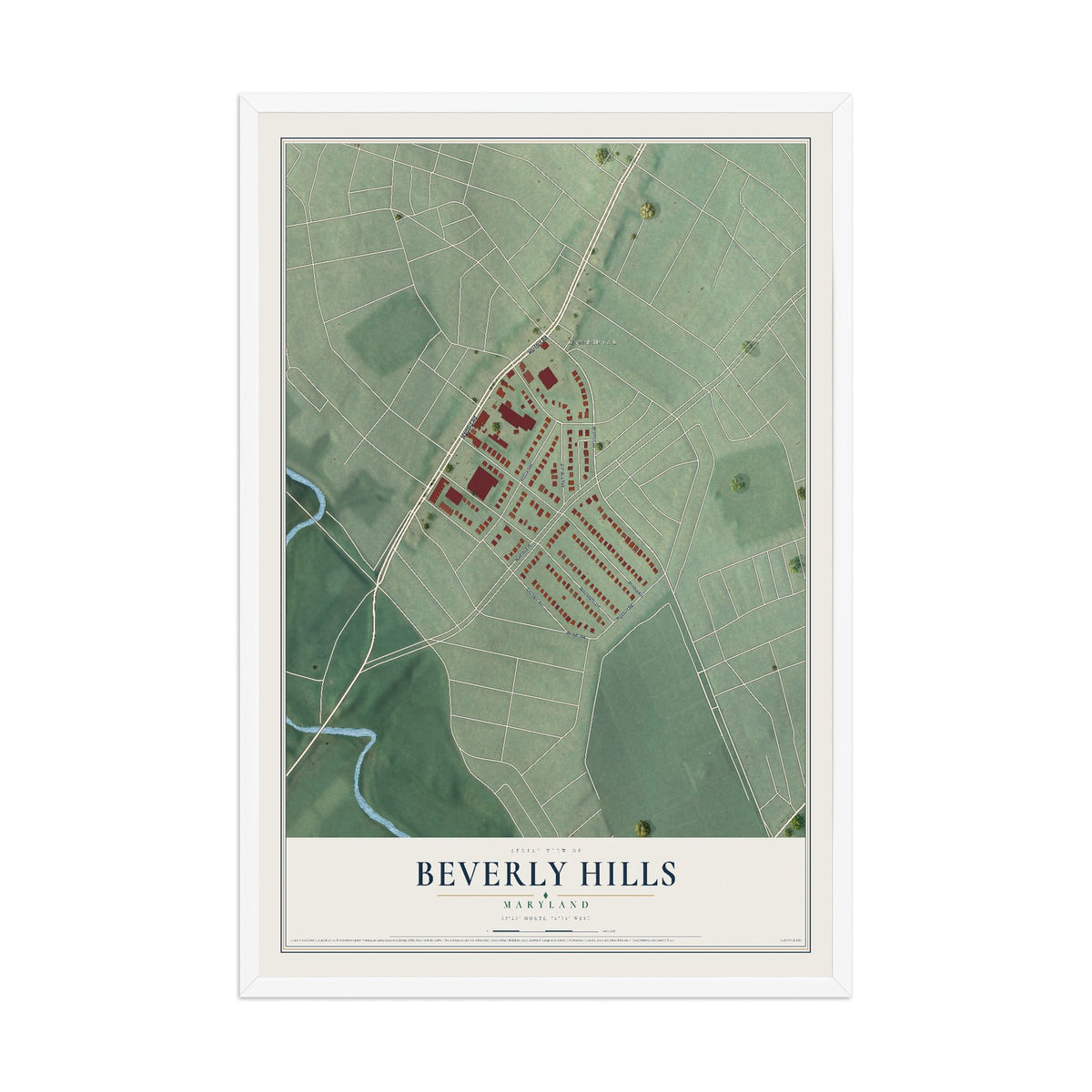 Map of Beverly Hills, Maryland, 12 x 18 inch print in a white wood frame