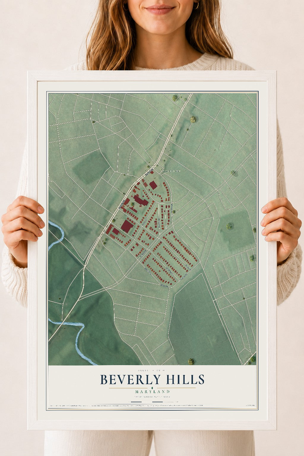 Map of Beverly Hills, Maryland, 18 x 24 inch print in a white wood frame