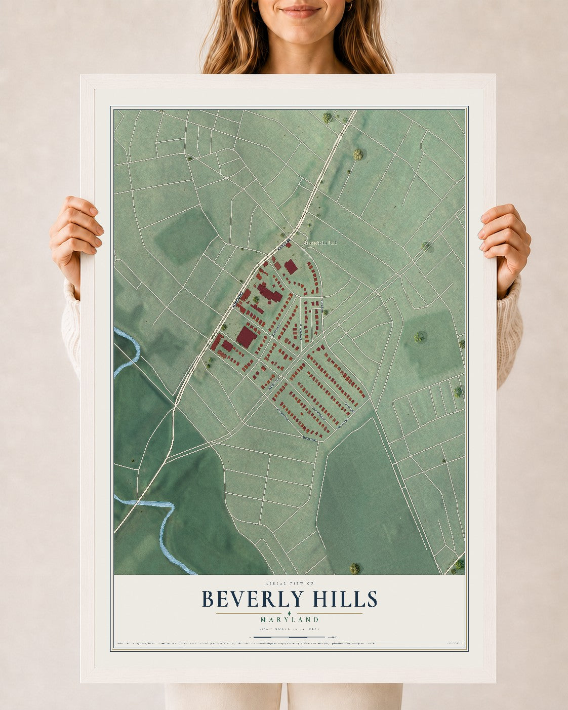 Map of Beverly Hills, Maryland, 24 x 36 inch print in a white wood frame
