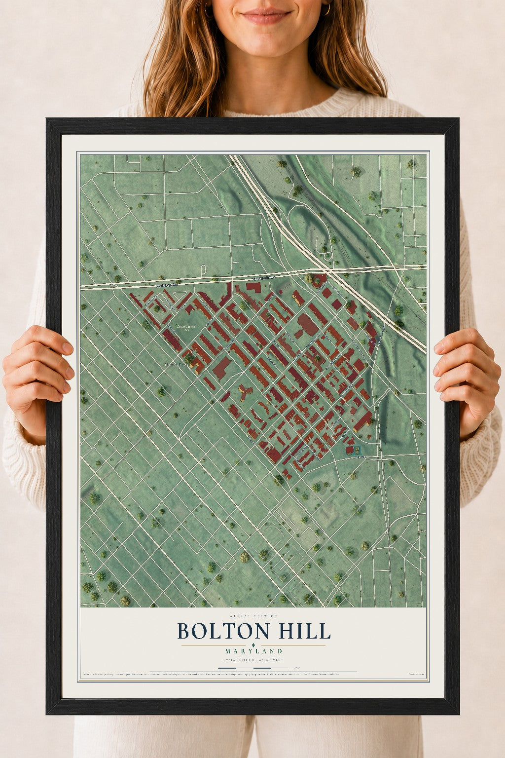 Map of Bolton Hill, Maryland, 18 x 24 inch print in a black wood frame