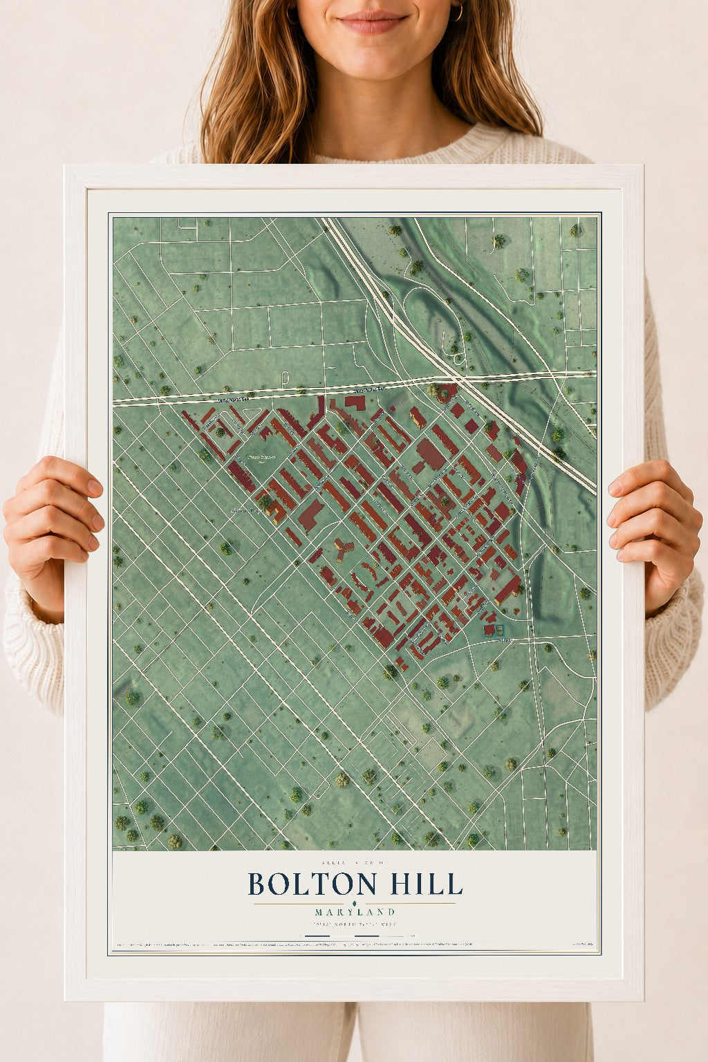 Map of Bolton Hill, Maryland, 18 x 24 inch print in a white wood frame