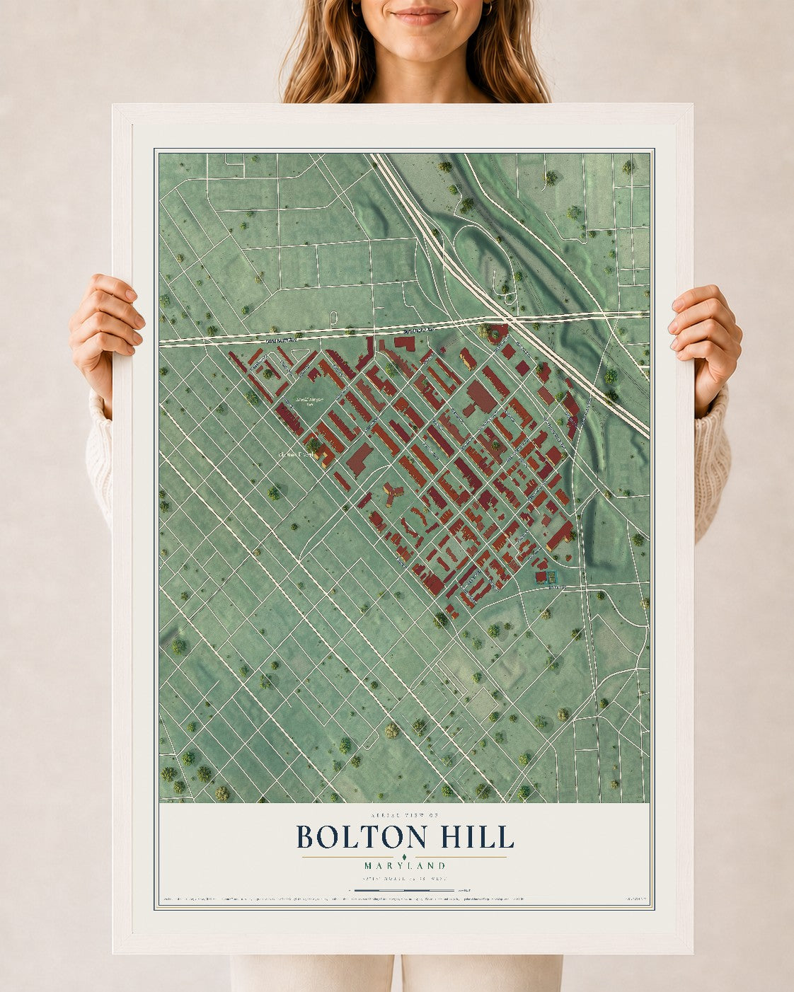 Map of Bolton Hill, Maryland, 24 x 36 inch print in a white wood frame
