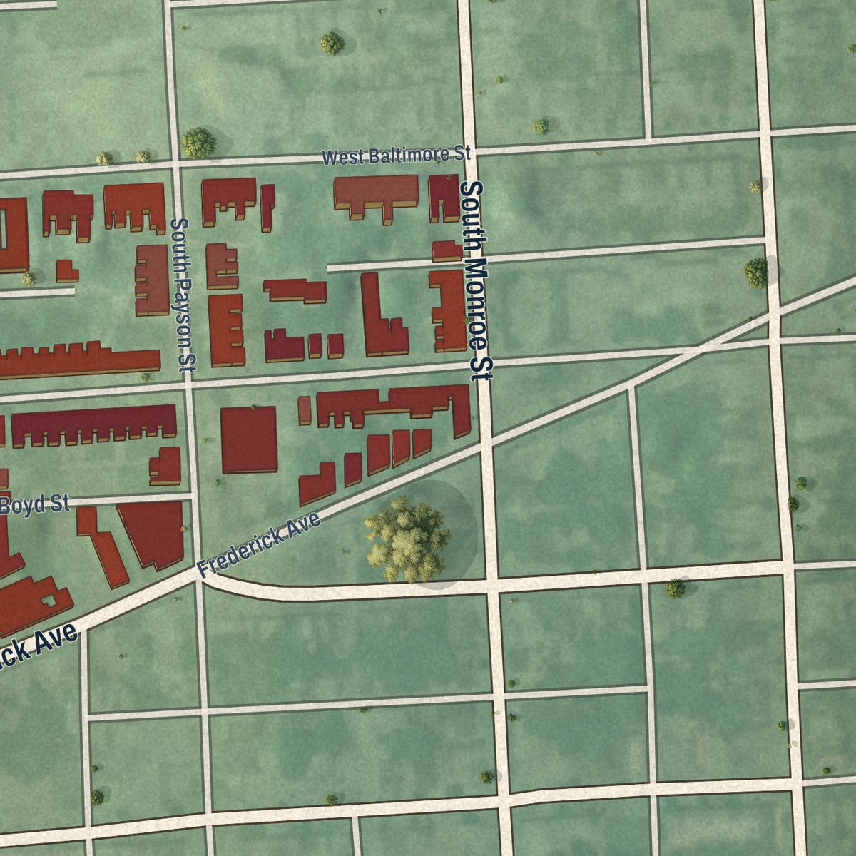 Close-up of the map of Boyd-Booth, Maryland print showing street and building detail