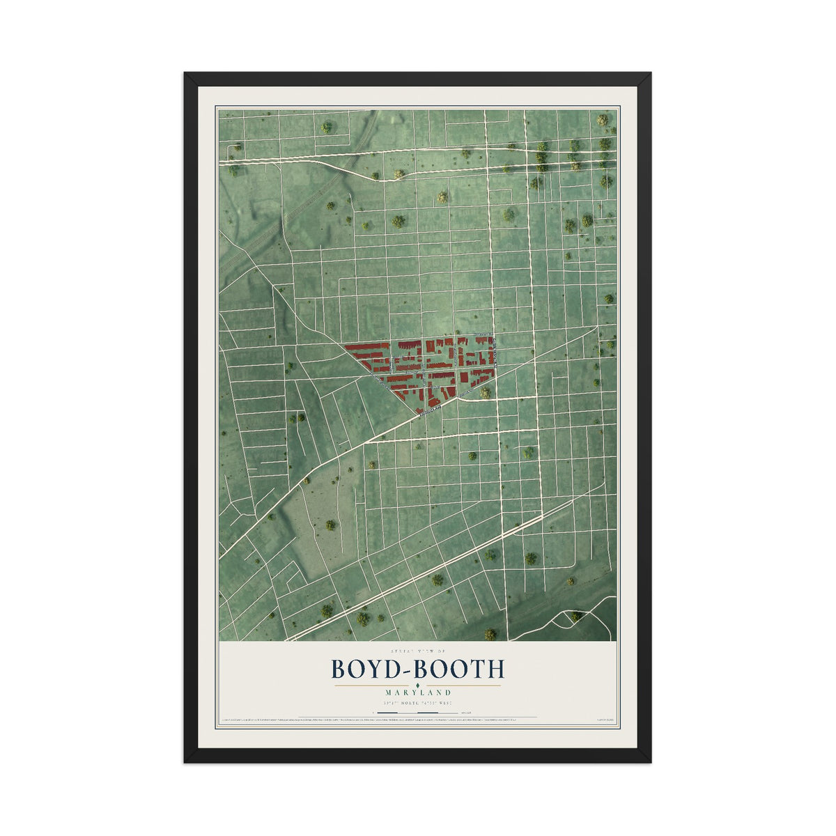 Map of Boyd-Booth, Maryland, 12 x 18 inch print in a black wood frame