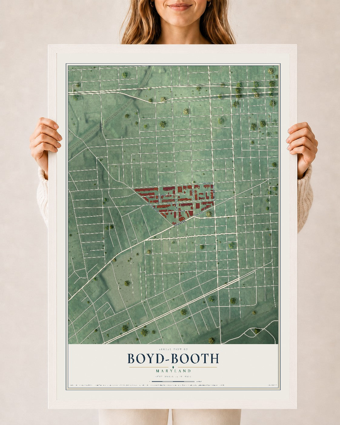 Map of Boyd-Booth, Maryland, 24 x 36 inch print in a white wood frame
