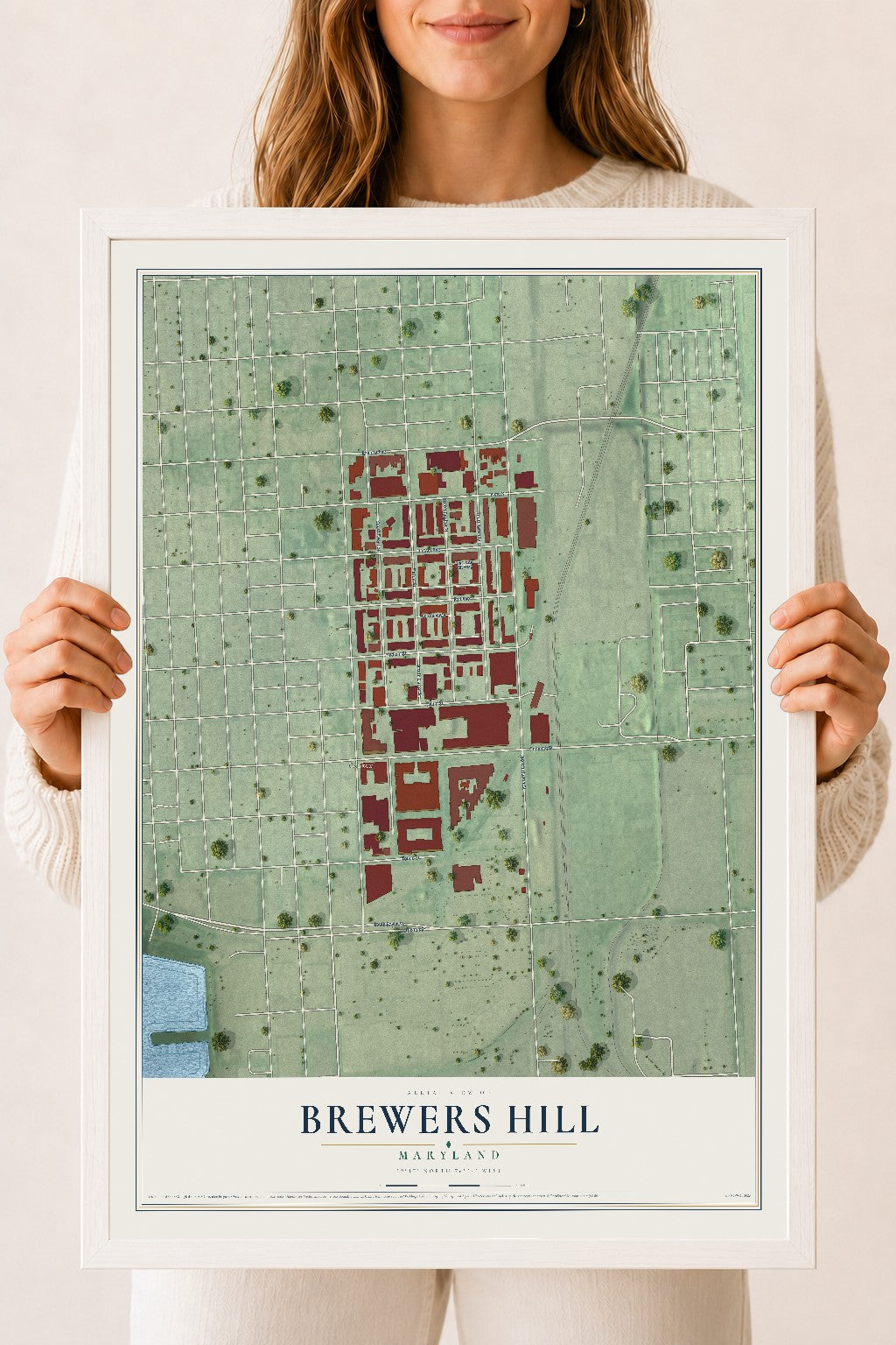 Map of Brewers Hill, Maryland, 18 x 24 inch print in a white wood frame