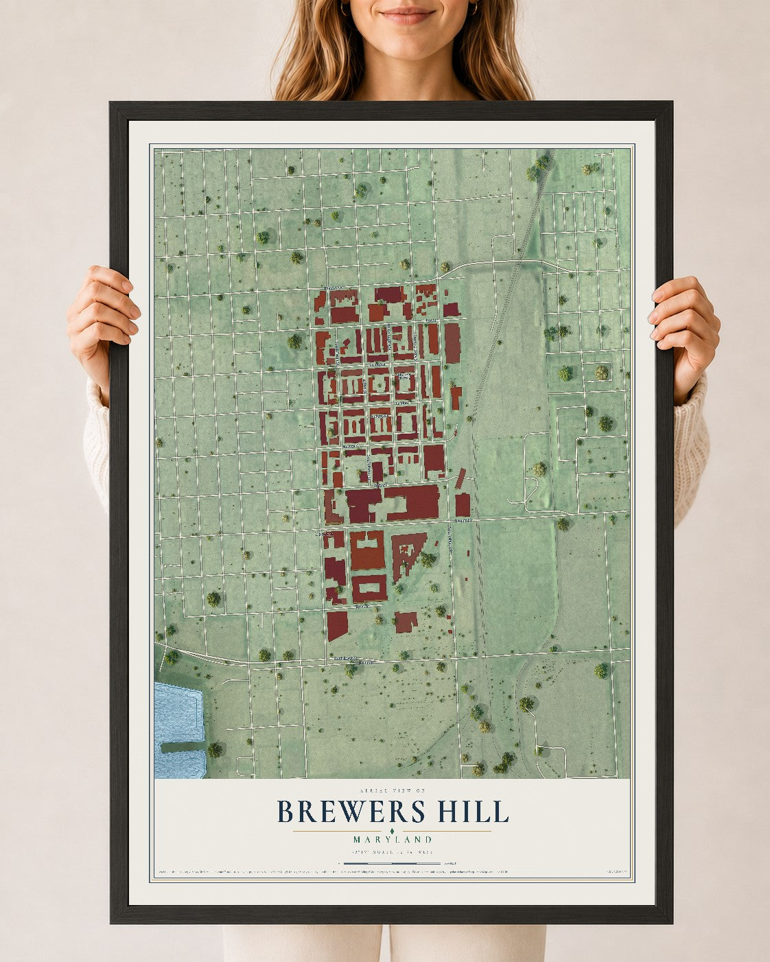 Map of Brewers Hill, Maryland, 24 x 36 inch print in a black wood frame