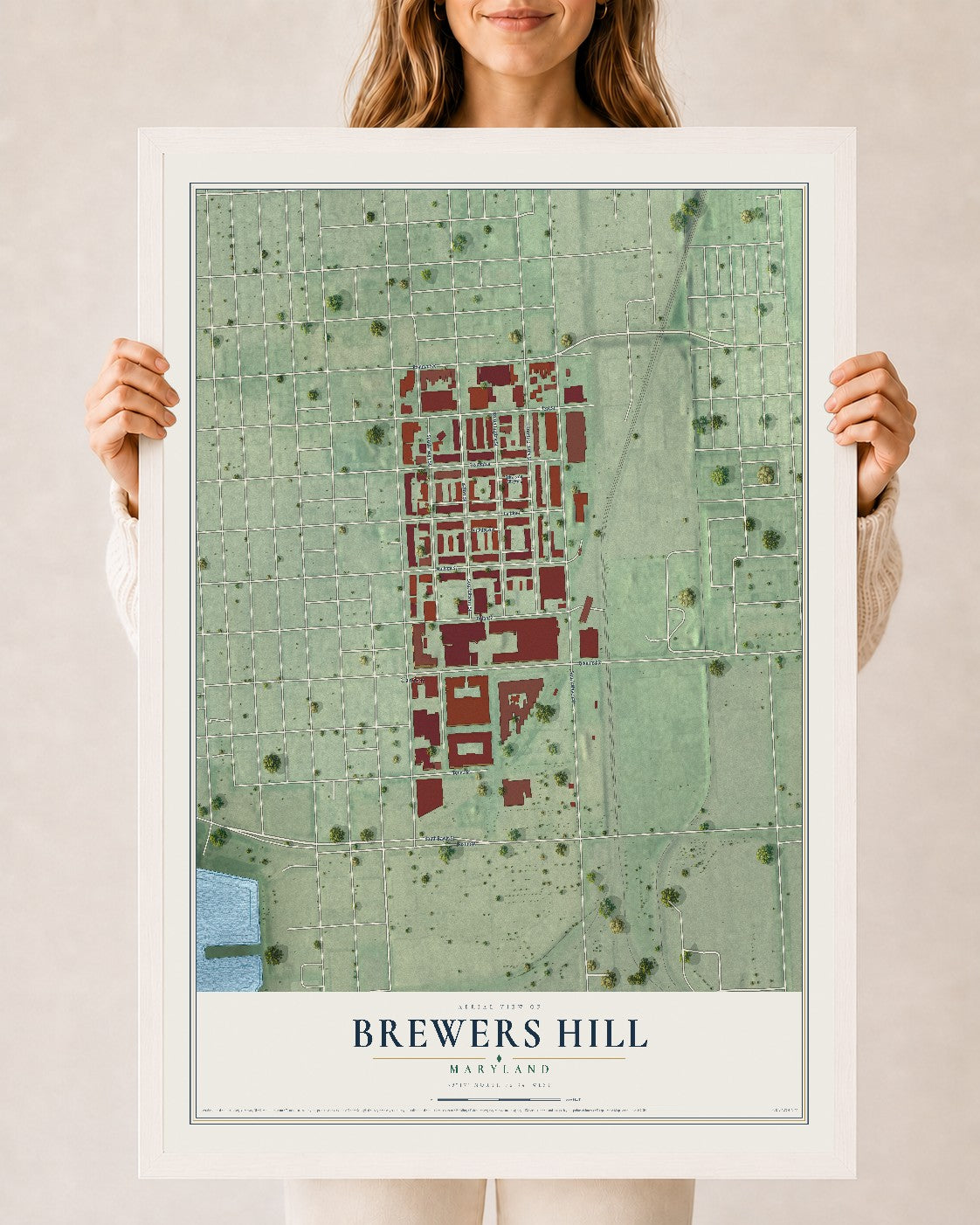 Map of Brewers Hill, Maryland, 24 x 36 inch print in a white wood frame