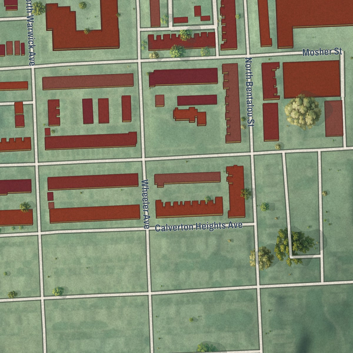 Close-up of the map of Bridgeview-Greenlawn, Maryland print showing street and building detail