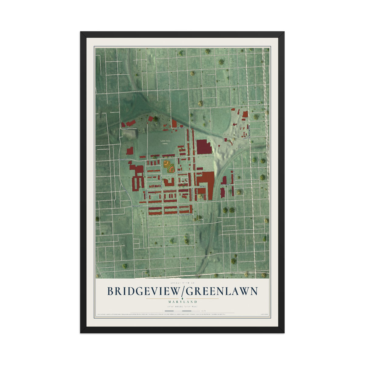 Map of Bridgeview-Greenlawn, Maryland, 12 x 18 inch print in a black wood frame