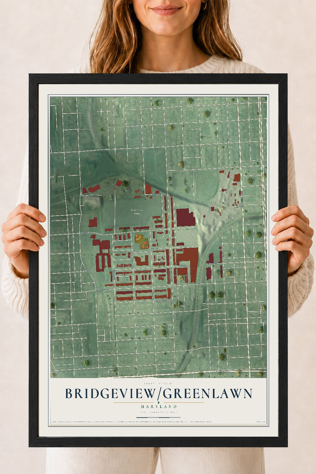Map of Bridgeview-Greenlawn, Maryland, 18 x 24 inch print in a black wood frame