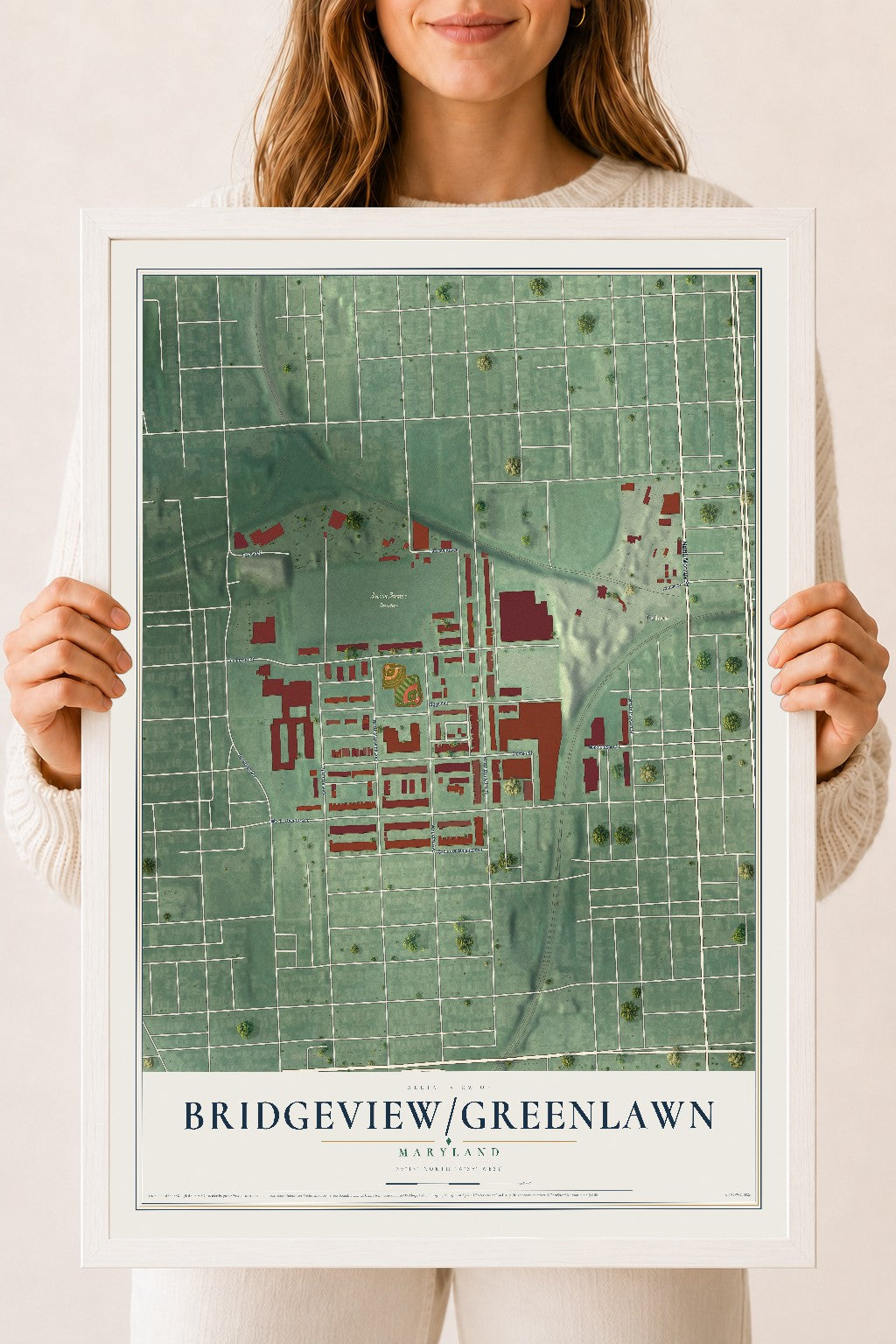 Map of Bridgeview-Greenlawn, Maryland, 18 x 24 inch print in a white wood frame
