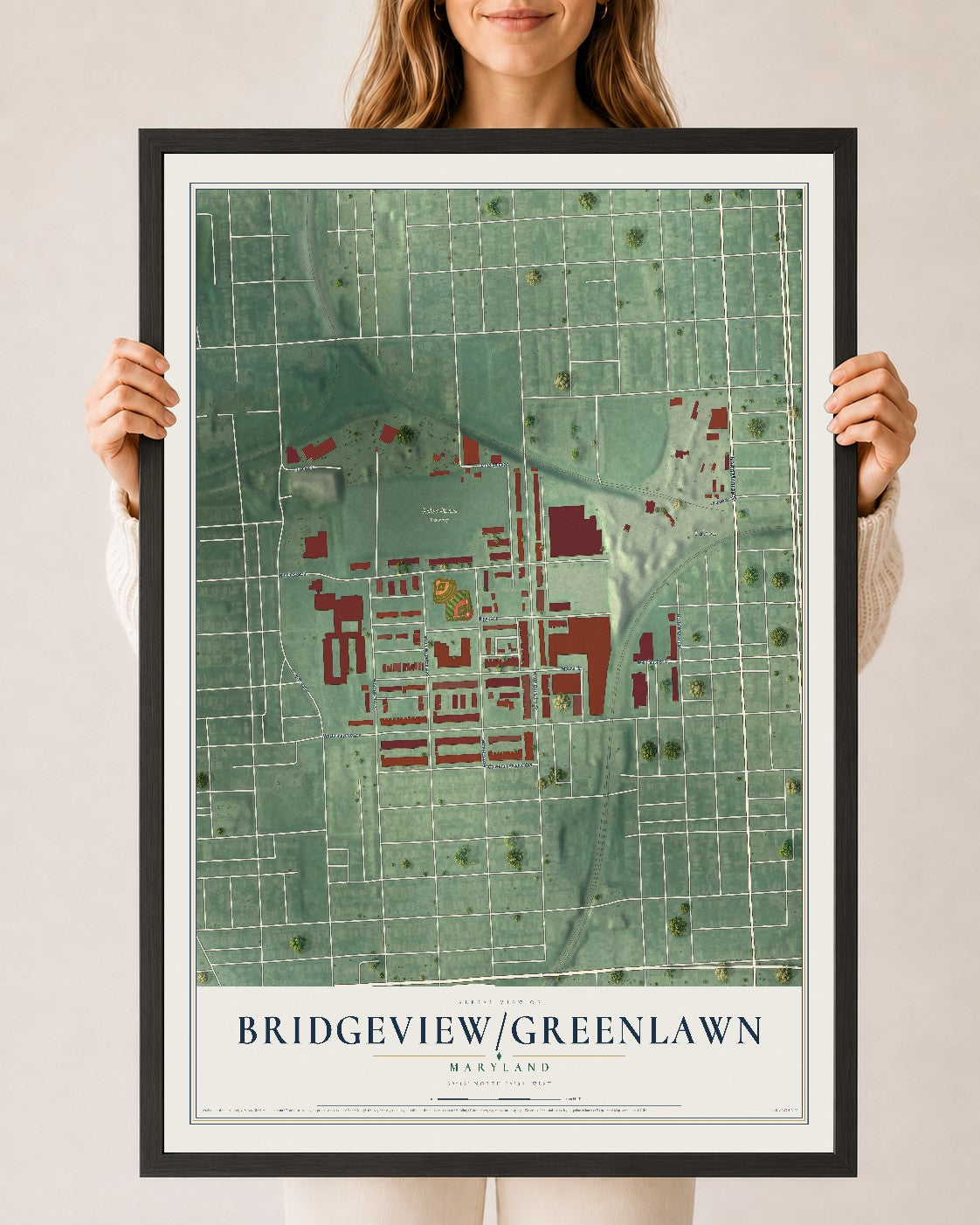 Map of Bridgeview-Greenlawn, Maryland, 24 x 36 inch print in a black wood frame