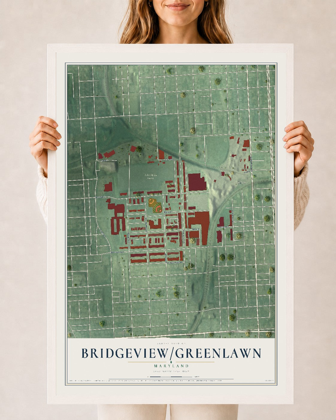 Map of Bridgeview-Greenlawn, Maryland, 24 x 36 inch print in a white wood frame