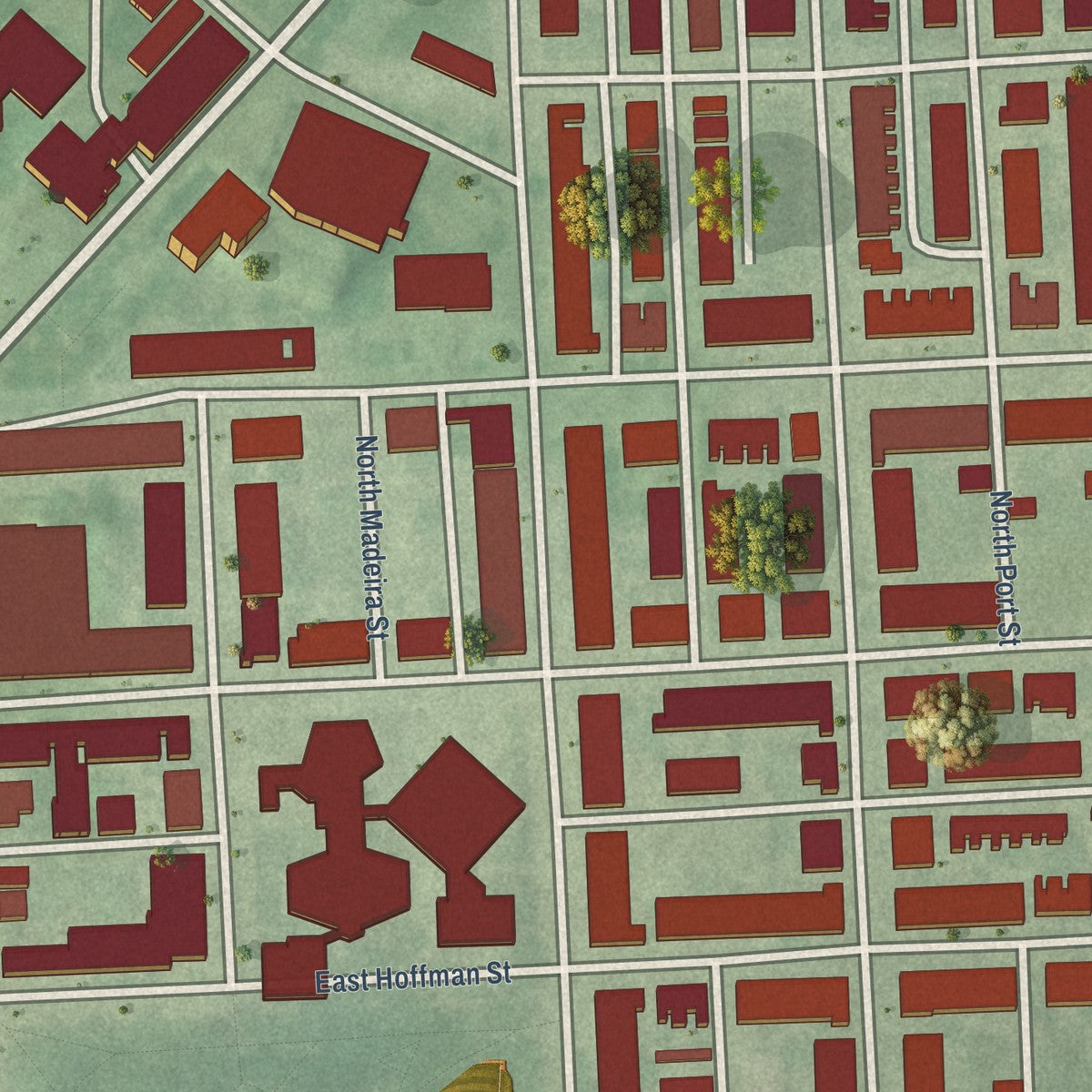 Close-up of the map of Broadway East, Maryland print showing street and building detail