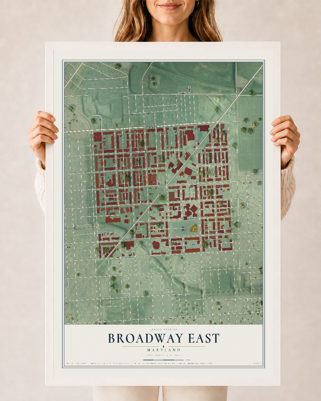 Map of Broadway East, Maryland, 24 x 36 inch print in a white wood frame