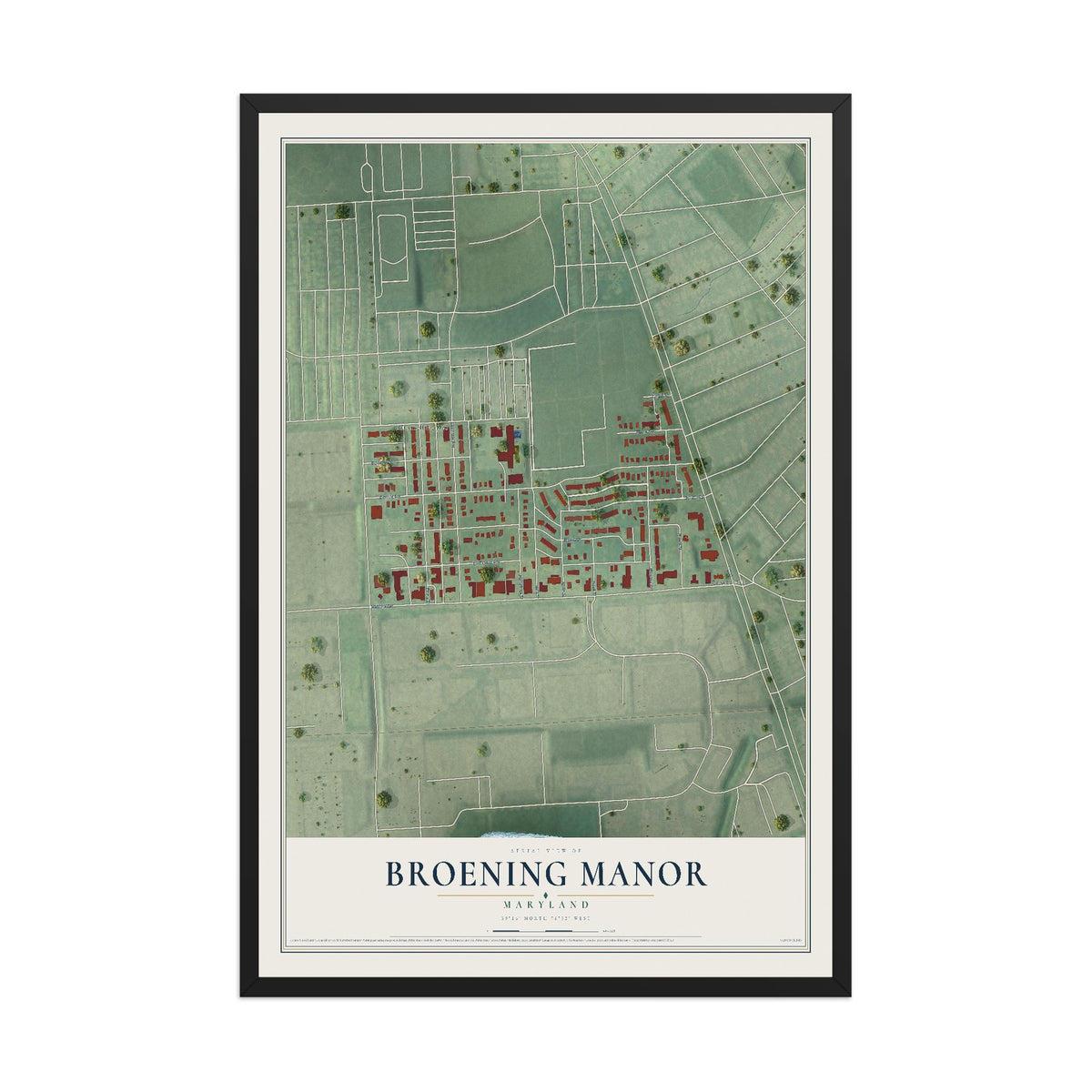 Map of Broening Manor, Maryland, 12 x 18 inch print in a black wood frame