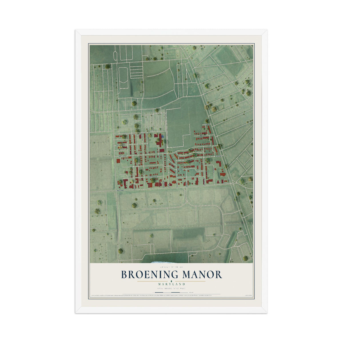 Map of Broening Manor, Maryland, 12 x 18 inch print in a white wood frame