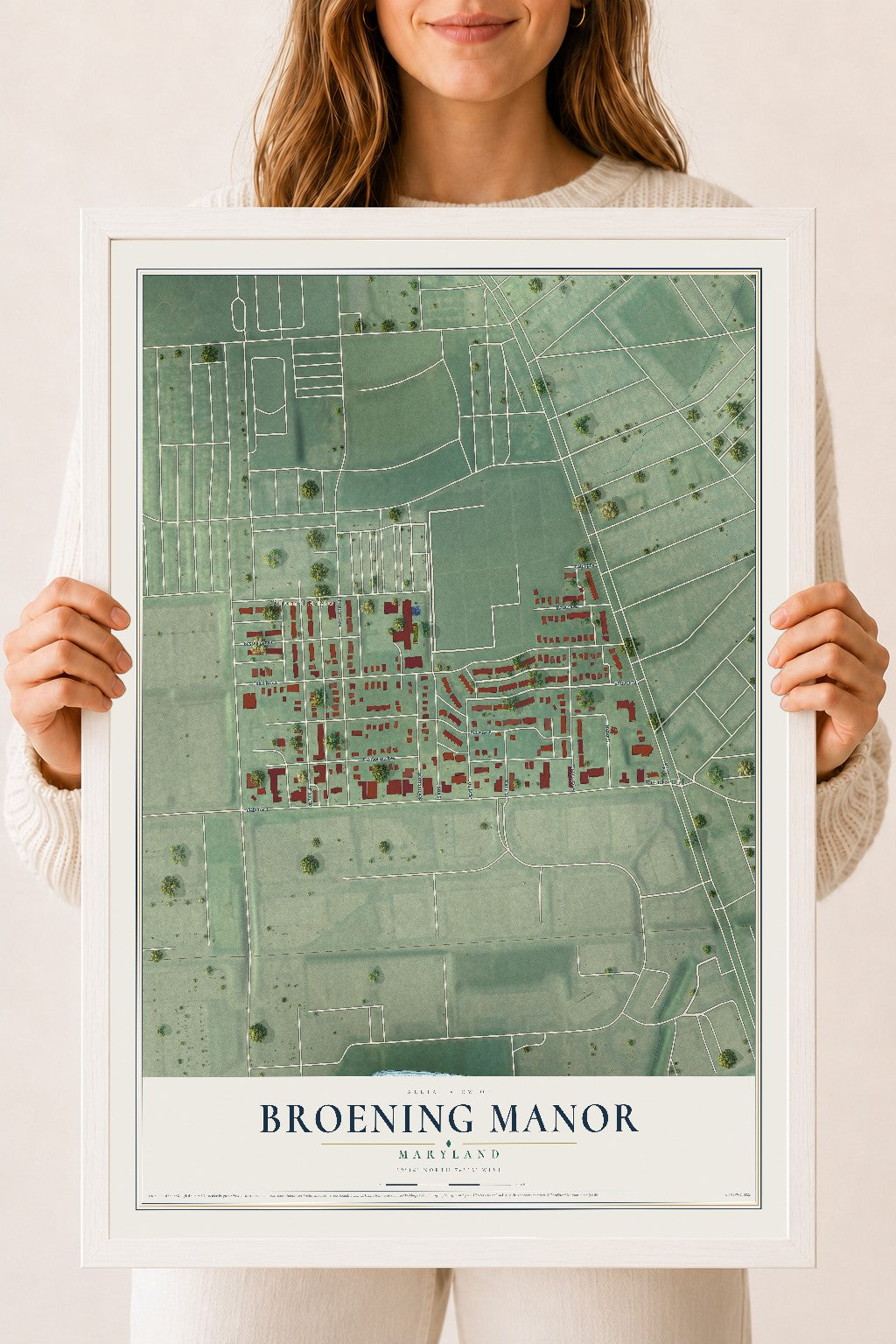 Map of Broening Manor, Maryland, 18 x 24 inch print in a white wood frame