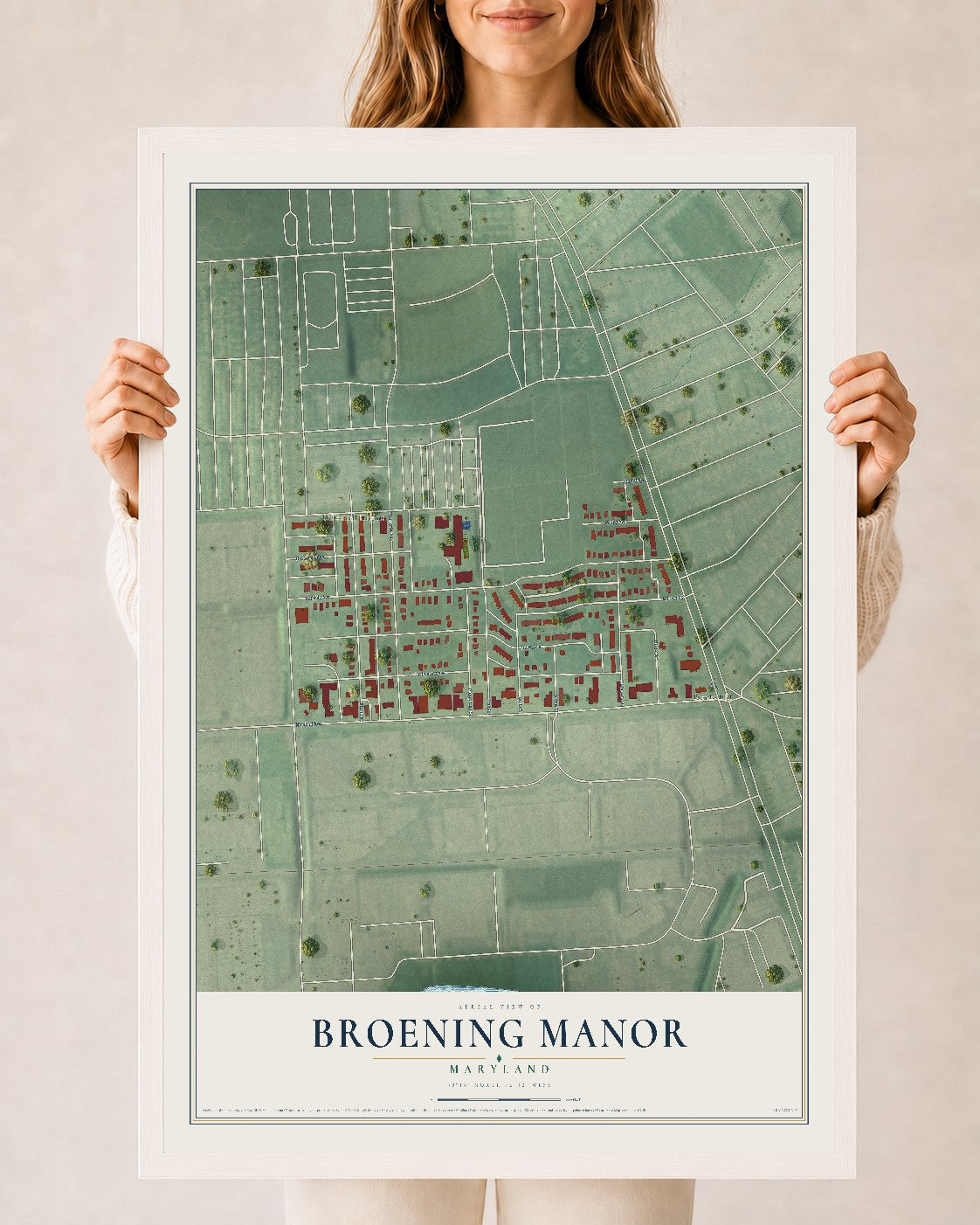 Map of Broening Manor, Maryland, 24 x 36 inch print in a white wood frame
