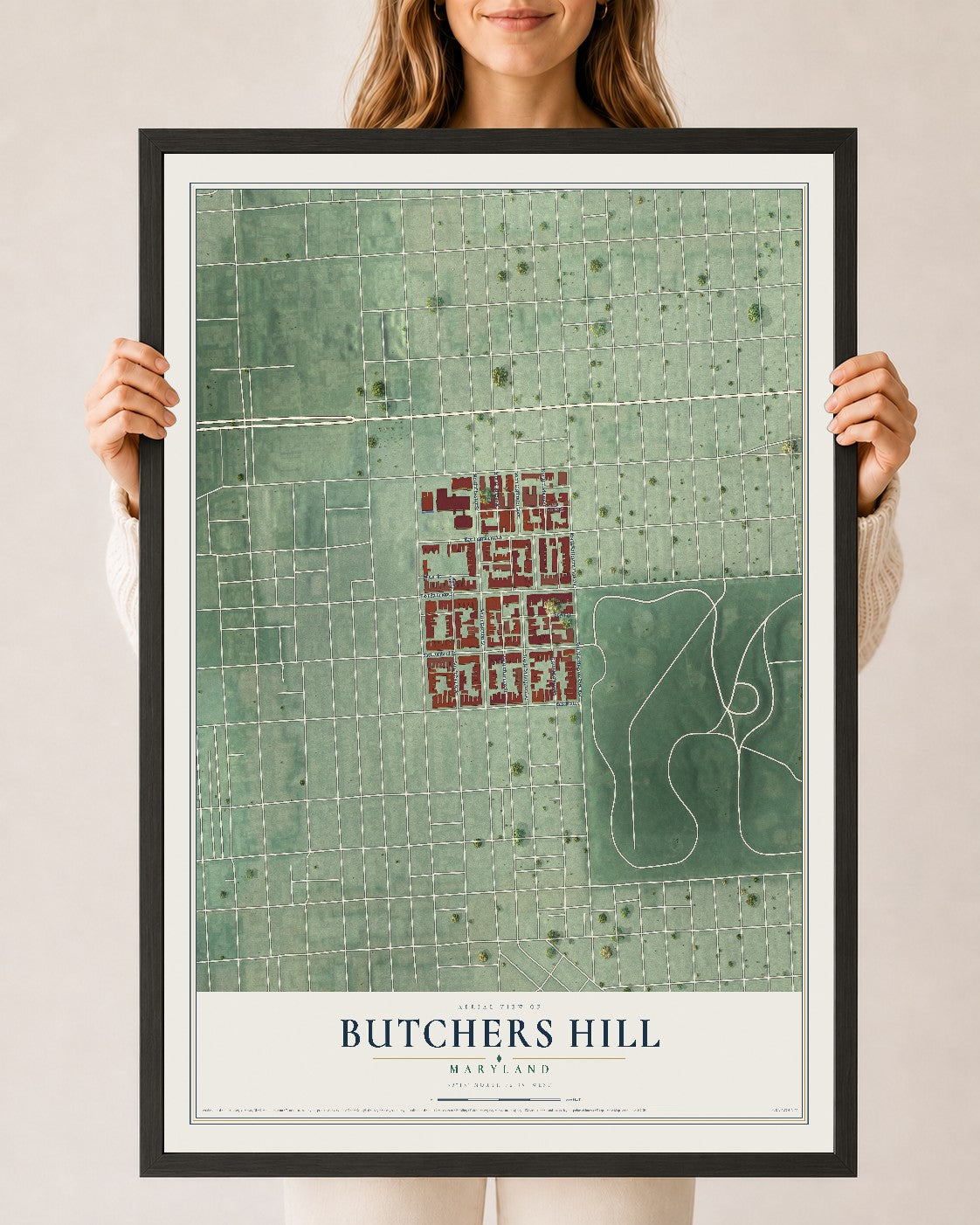 Map of Butchers Hill, Maryland, 24 x 36 inch print in a black wood frame