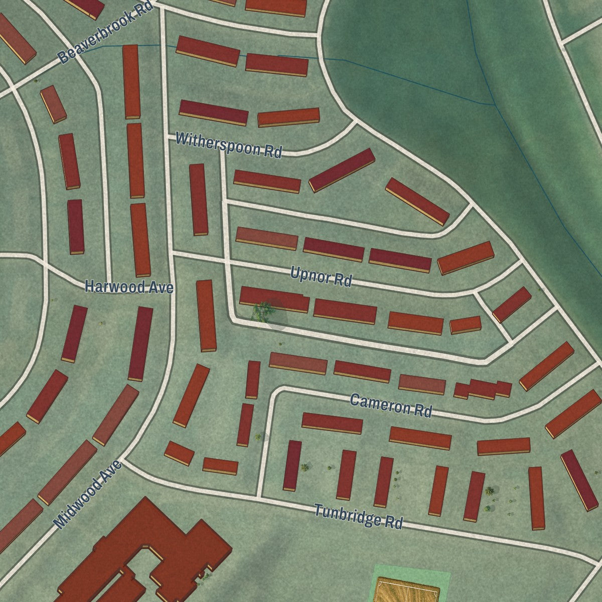 Close-up of the map of Cameron Village, Maryland print showing street and building detail