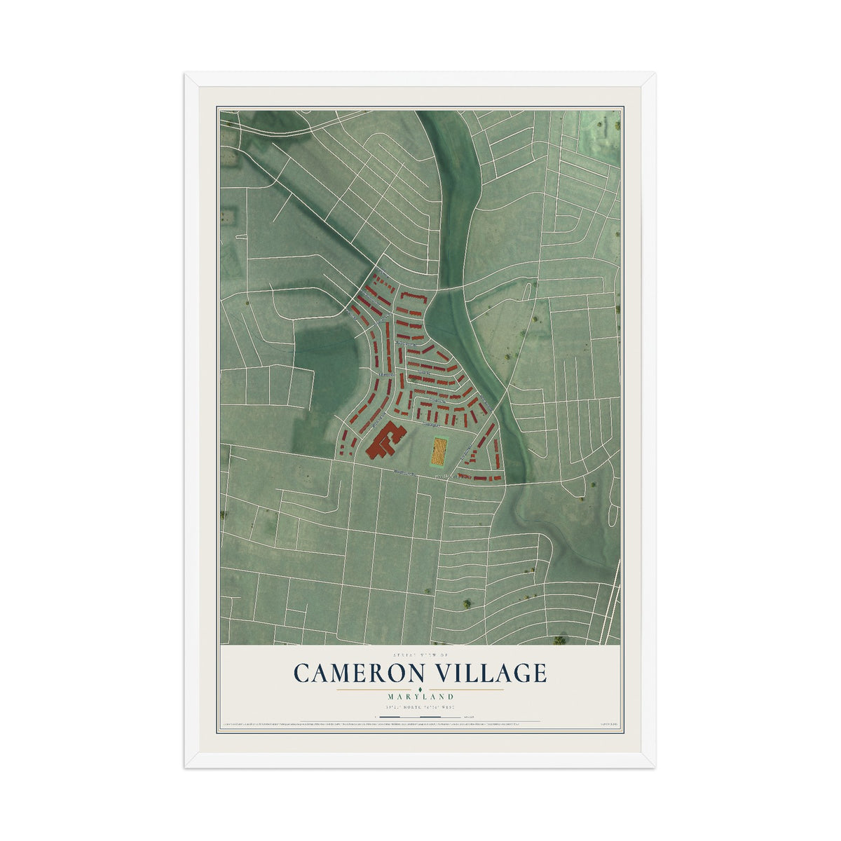 Map of Cameron Village, Maryland, 12 x 18 inch print in a white wood frame