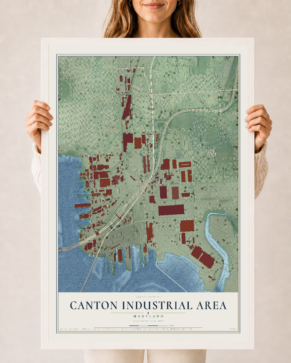 Map of Canton Industrial Area, Maryland, 24 x 36 inch print in a white wood frame
