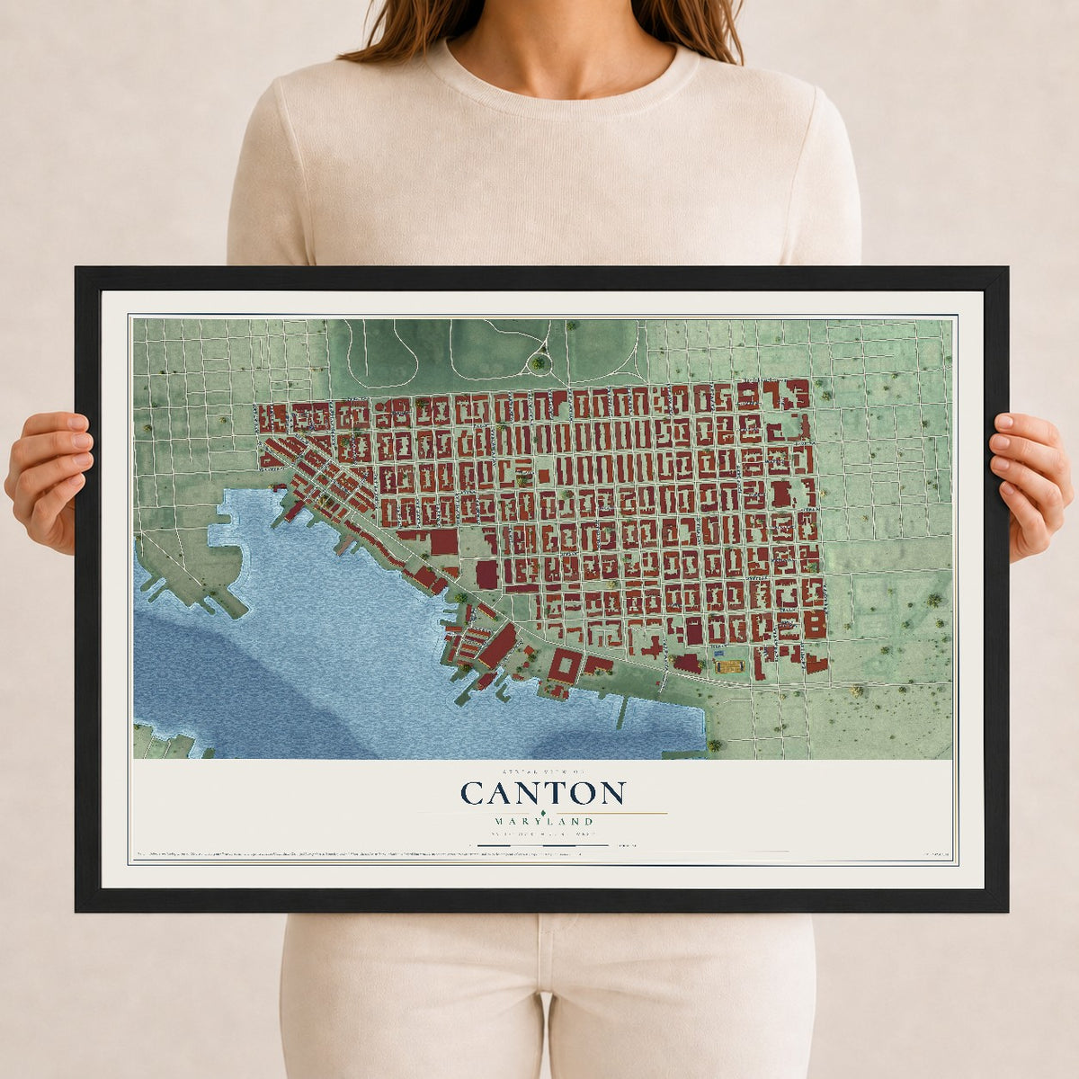 Map of Canton, Maryland, 12 x 18 inch print in a black wood frame