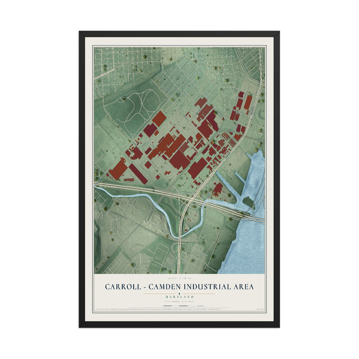 Map of Carroll - Camden Industrial Area, Maryland, 12 x 18 inch print in a black wood frame