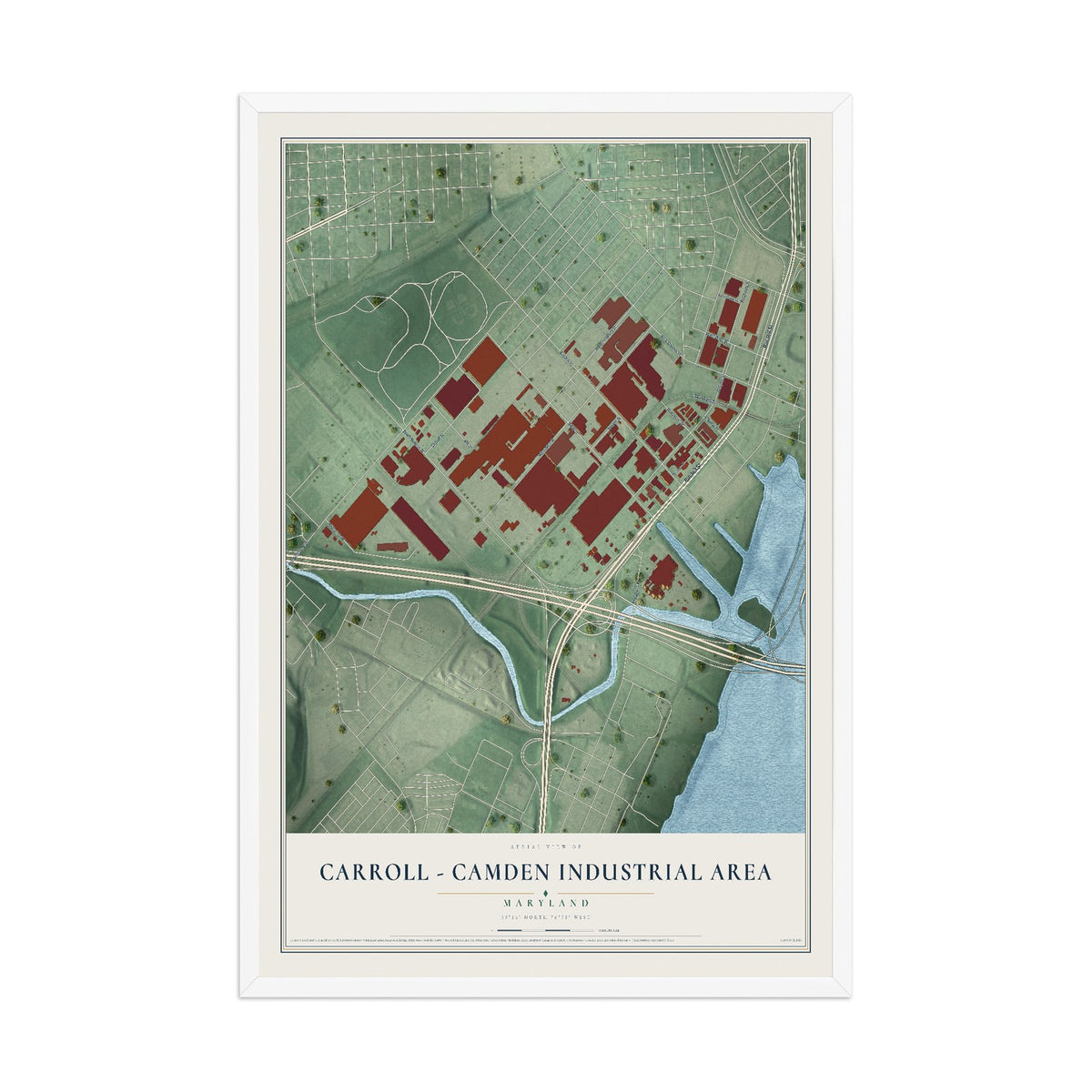 Map of Carroll - Camden Industrial Area, Maryland, 12 x 18 inch print in a white wood frame