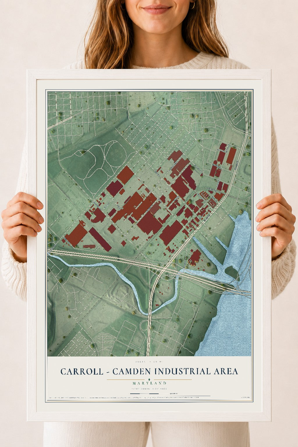 Map of Carroll - Camden Industrial Area, Maryland, 18 x 24 inch print in a white wood frame