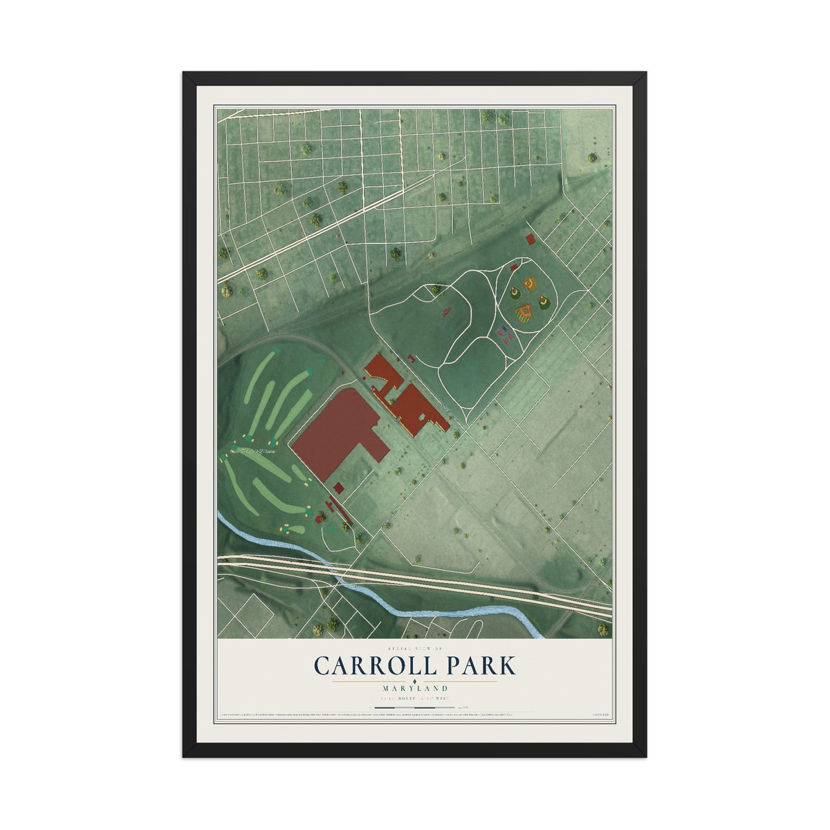 Map of Carroll Park, Maryland, 12 x 18 inch print in a black wood frame