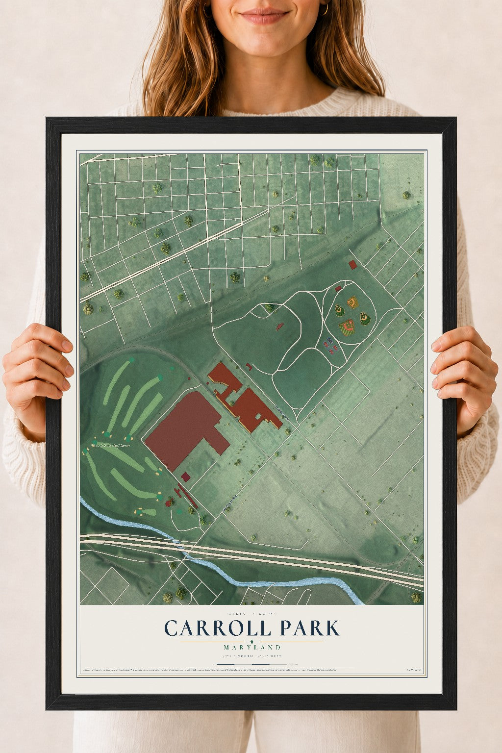 Map of Carroll Park, Maryland, 18 x 24 inch print in a black wood frame