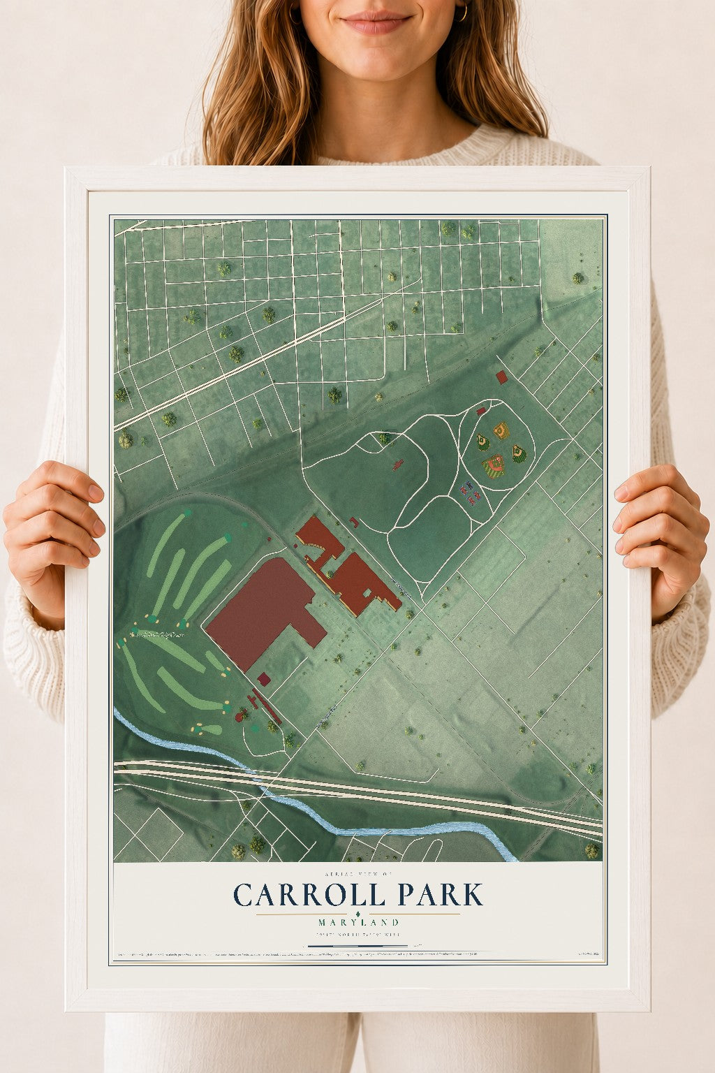 Map of Carroll Park, Maryland, 18 x 24 inch print in a white wood frame