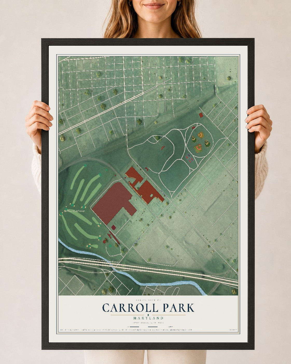 Map of Carroll Park, Maryland, 24 x 36 inch print in a black wood frame