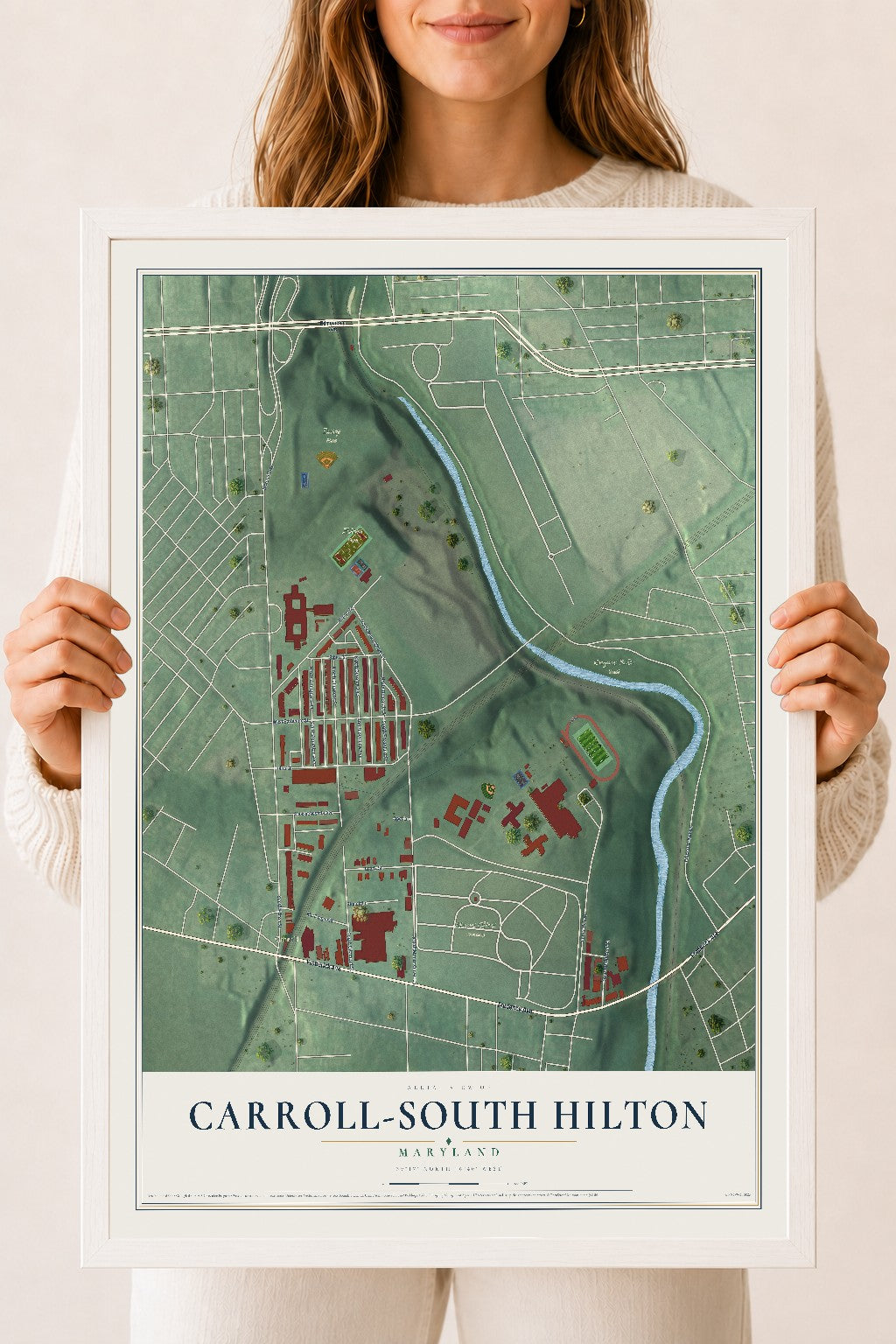 Map of Carroll-South Hilton, Maryland, 18 x 24 inch print in a white wood frame