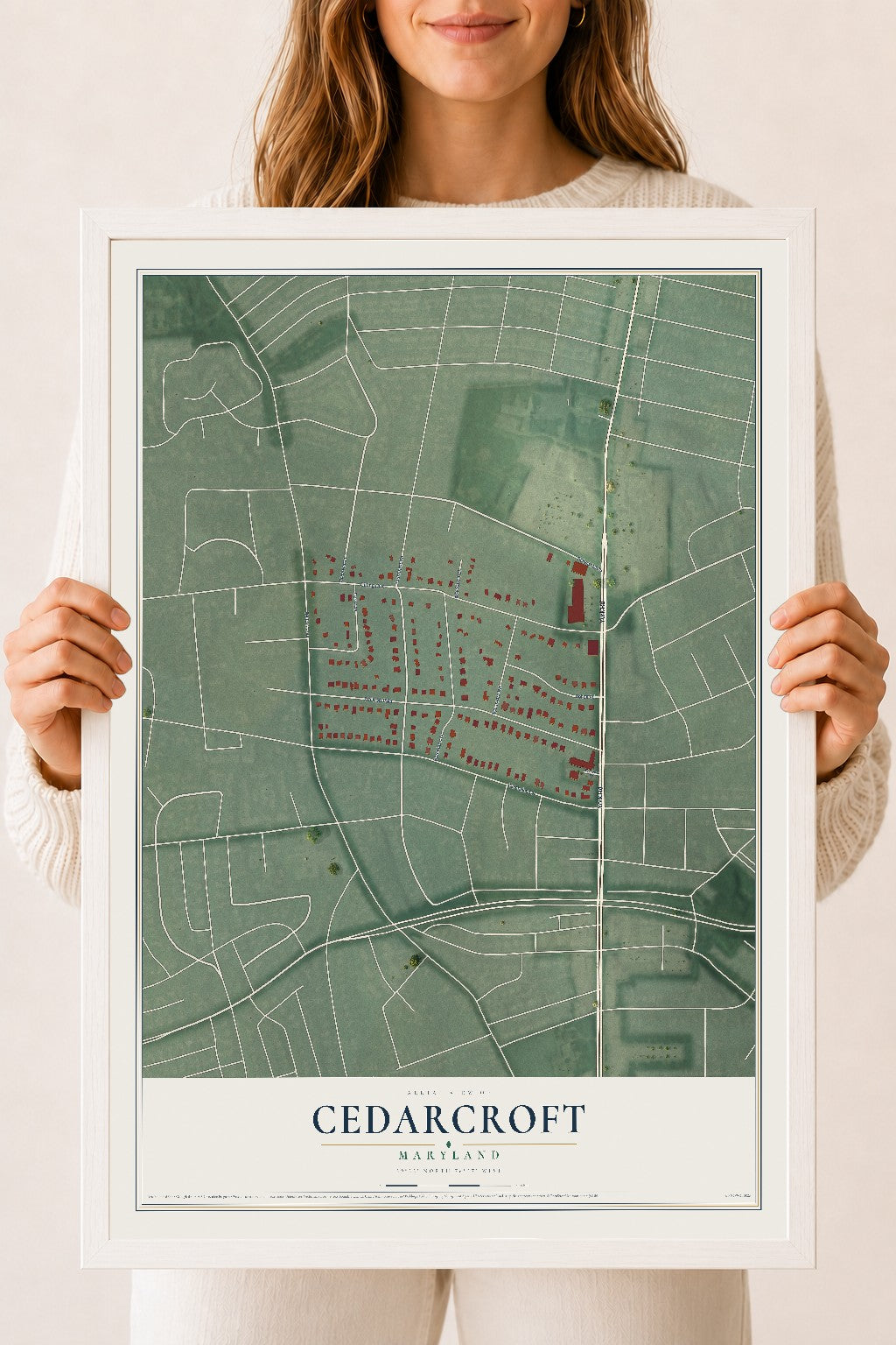 Map of Cedarcroft, Maryland, 18 x 24 inch print in a white wood frame