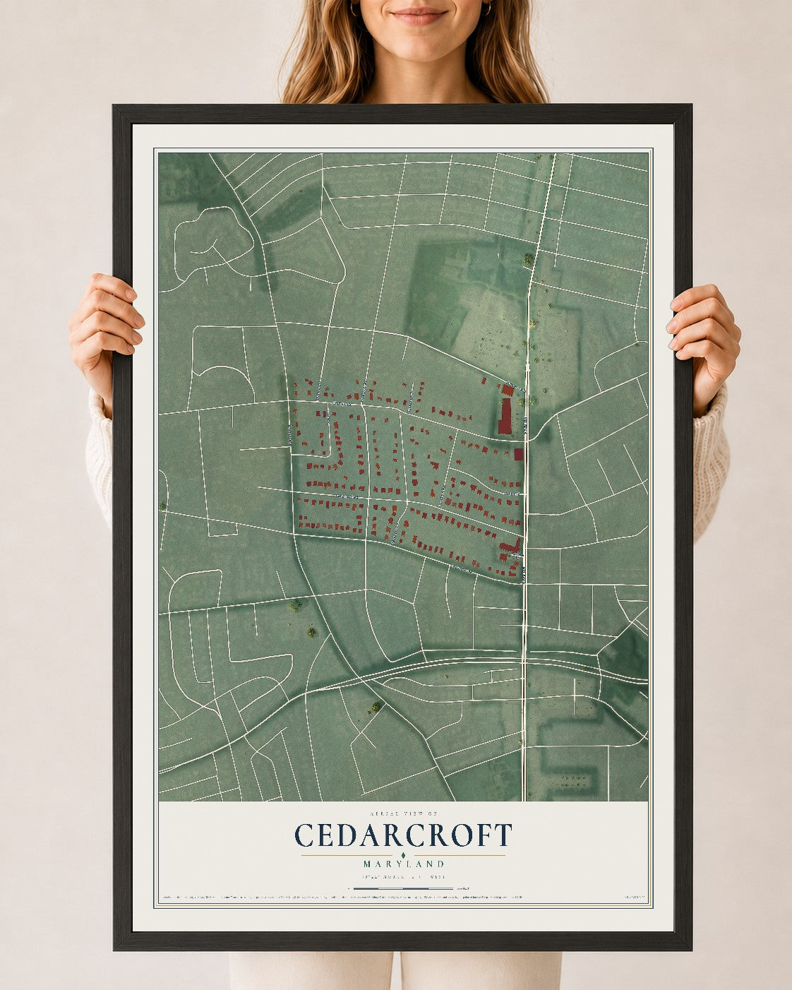 Map of Cedarcroft, Maryland, 24 x 36 inch print in a black wood frame