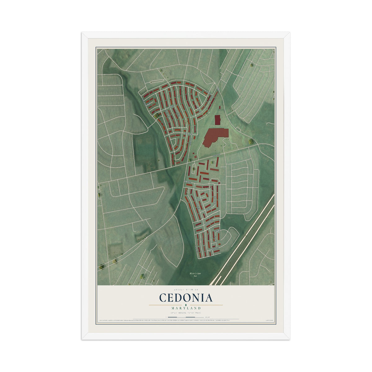 Map of Cedonia, Maryland, 12 x 18 inch print in a white wood frame