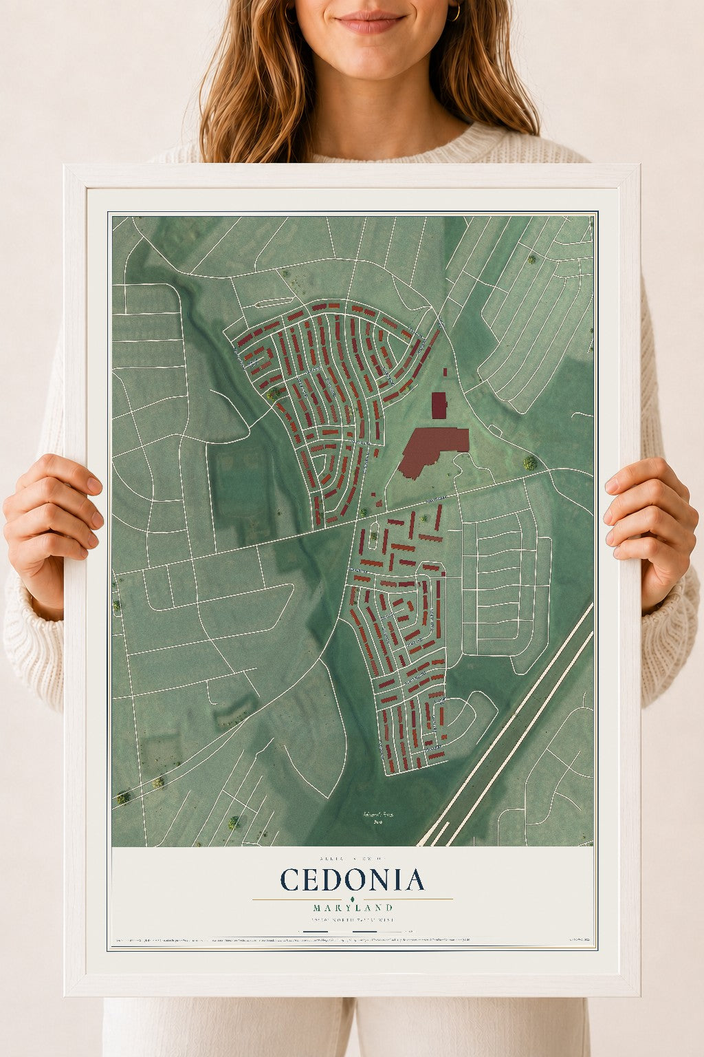 Map of Cedonia, Maryland, 18 x 24 inch print in a white wood frame