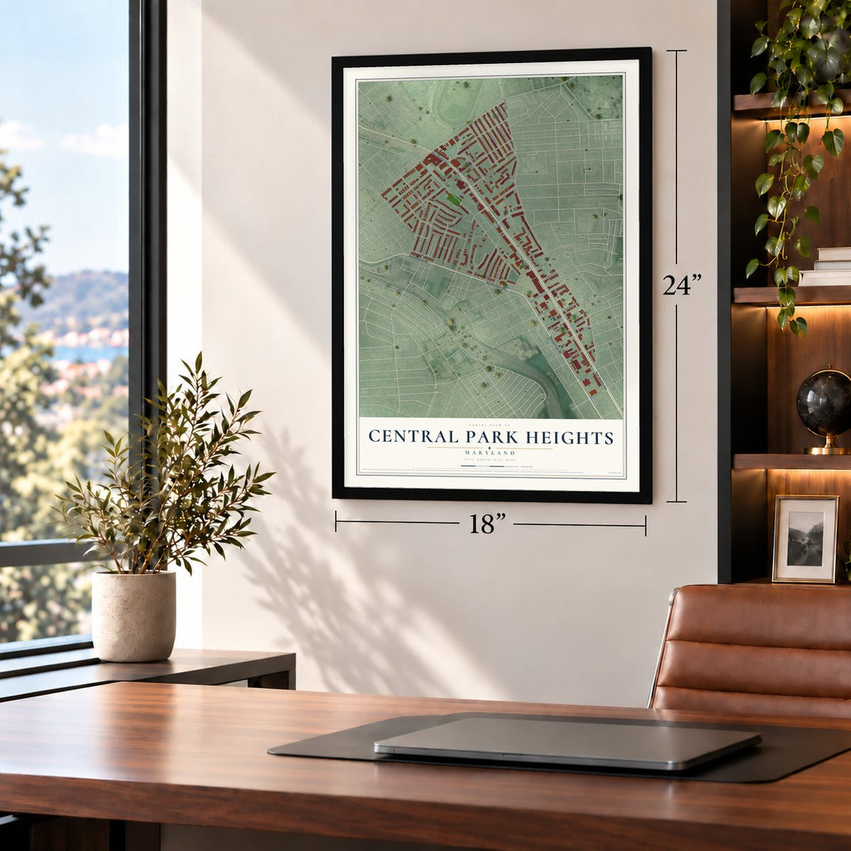 Central Park Heights, Maryland map, 18 x 24 inch print in a black frame in a home office