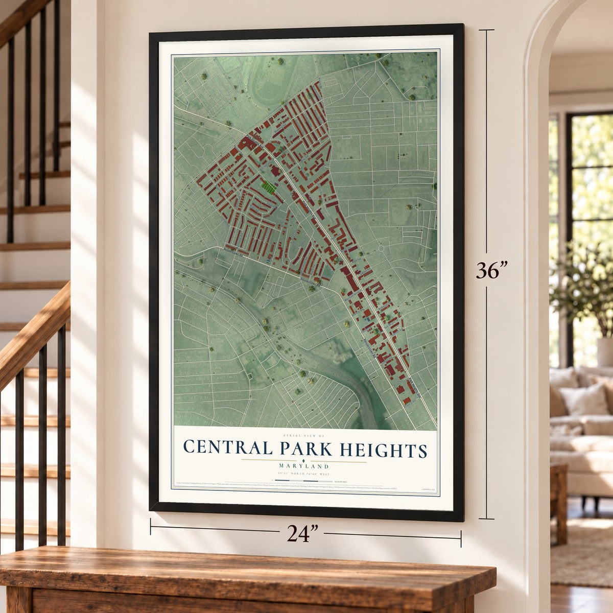 Central Park Heights, Maryland map, 24 x 36 inch print in a black frame by a staircase
