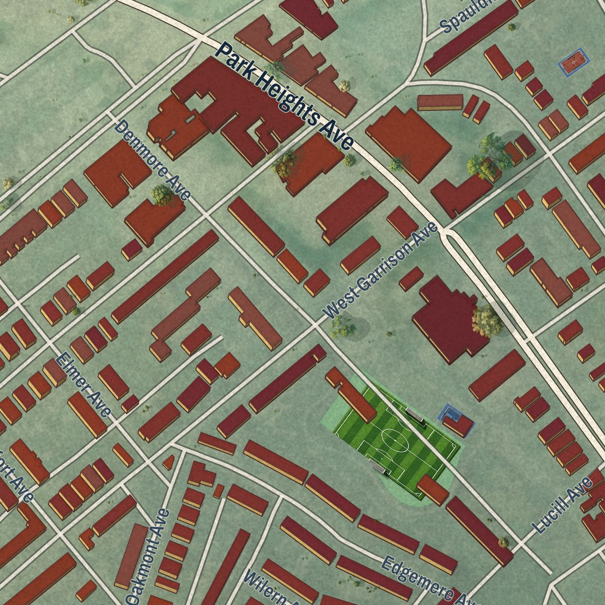 Close-up of the map of Central Park Heights, Maryland print showing street and building detail