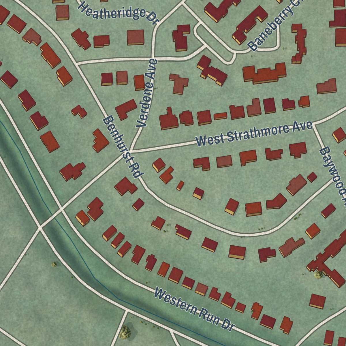 Second close-up of the map of Cheswolde, Maryland print showing more streets and buildings