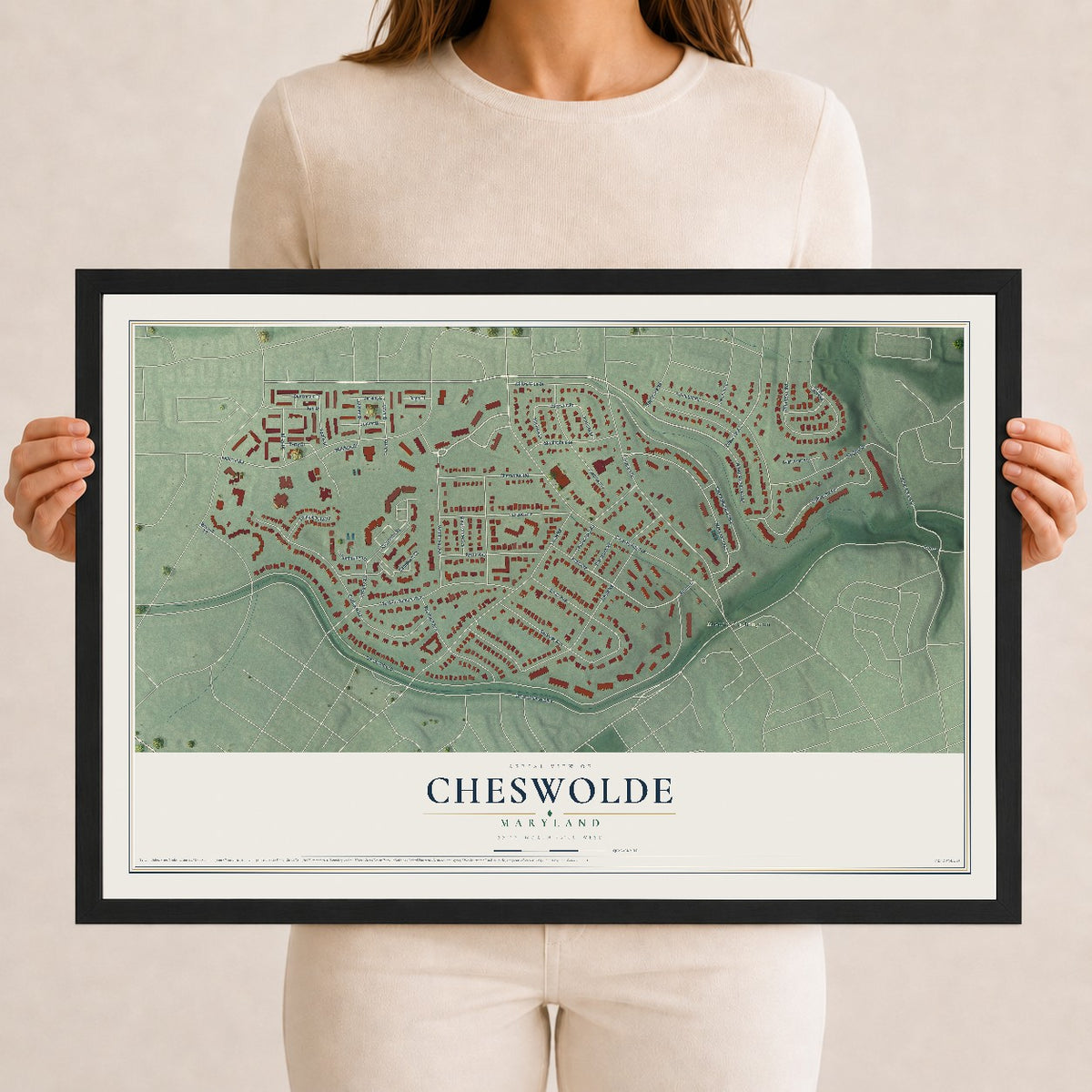 Map of Cheswolde, Maryland, 12 x 18 inch print in a black wood frame